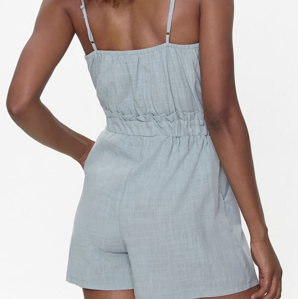 One Clothing Sage Green Romper Small Open Tie Front Summer Resort Cotton - Picture 3 of 9